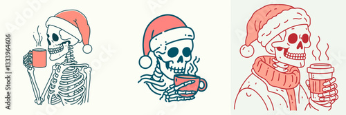 Skeleton wearing a Santa hat drinks hot coffee a minimalist monochrome vector drawing for a festive holiday graphic