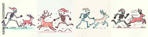 Skeleton wearing a Santa hat chases a runaway reindeer a minimalist vector drawing of a jolly skeletal pursuit