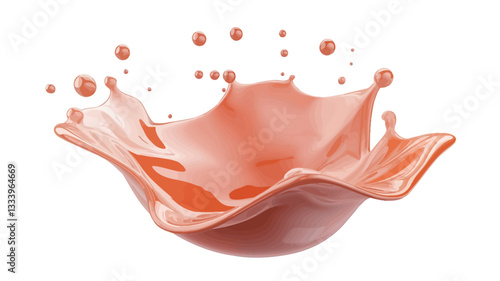A close-up studio shot of an orange liquid creating a crown splash against a pure white background. The liquid appears smooth and glossy, with droplets suspended in the air. The splash has a