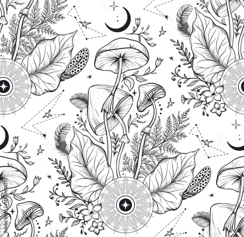 Vector black and white seamless pattern with mystical objects, mushrooms. feathers, plants, elements of astrology and sacred geometry.
