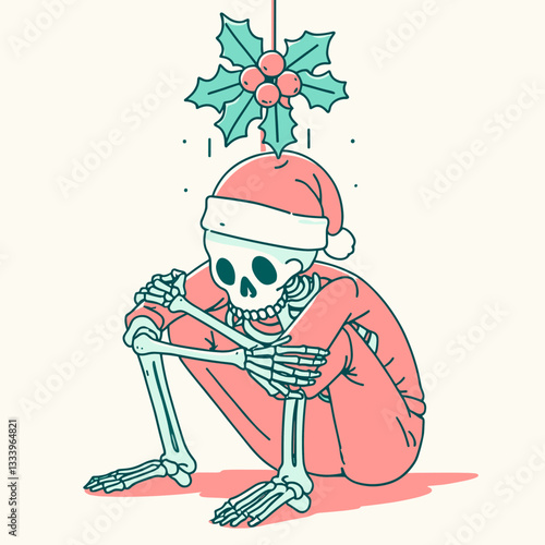 Skeleton wearing a Santa hat awkwardly stuck under mistletoe a minimalist vector graphic depicts a humorous holiday scene