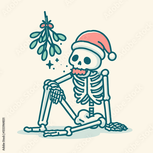 Skeleton wearing a Santa hat awkwardly stuck under mistletoe a minimalist vector drawing depicts a comical Christmas scene
