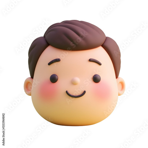 A cartoon head of a white boy, 7 years old, with brown hair and a smiling face, isolated on white background