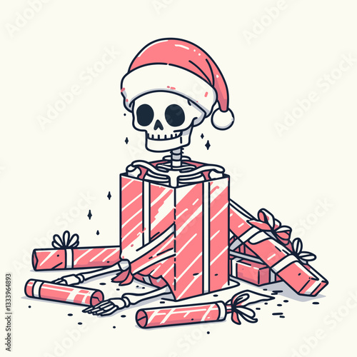Skeleton wearing a Santa hat accidentally wrapped in Christmas paper a minimalist vector outline drawing depicts a spooky festive surprise