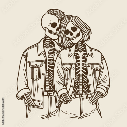 Skeleton lesbian couple wearing matching outfits minimalist vector graphic for a spooky Christmas card
