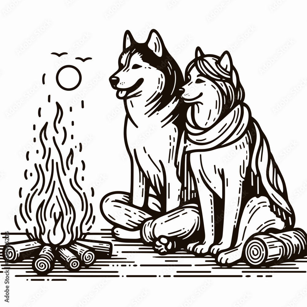 Fototapeta premium Siberian Husky Couple sitting by the fire minimalist vector graphic a cozy Christmas Eve scene