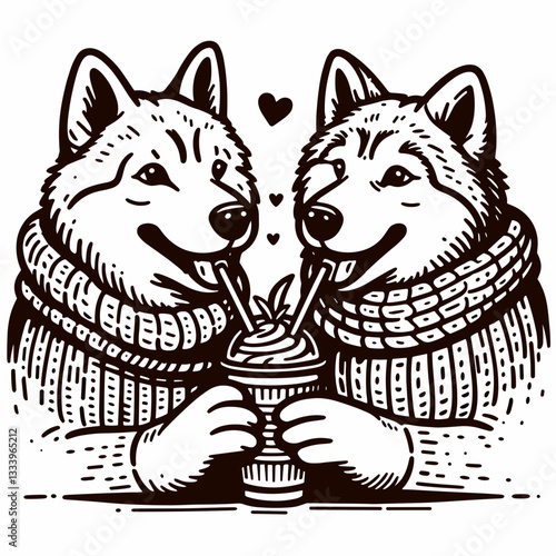 Siberian Husky Couple sharing a warm drink minimalist vector outline drawing a cozy Christmas eve scene