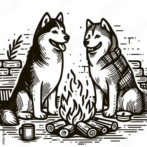 Siberian Husky Couple sitting by the fire minimalist vector drawing a cozy Christmas holiday scene