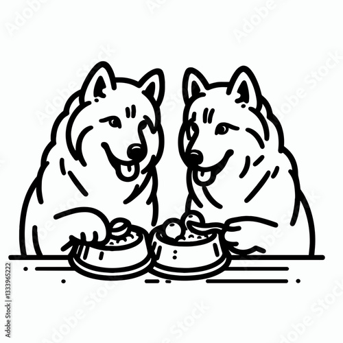 Siberian Husky Couple sharing a meal  a minimalist monochrome vector drawing depicts a festive Christmas dinner.