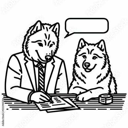 Siberian Husky Couple planning a future together minimalist vector drawing a cozy Christmas holiday home