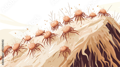 A digital illustration depicts a group of abstract, microscopic organisms crawling on a beige, textured surface. The organisms are light orange-red with radiating lines suggesting legs or