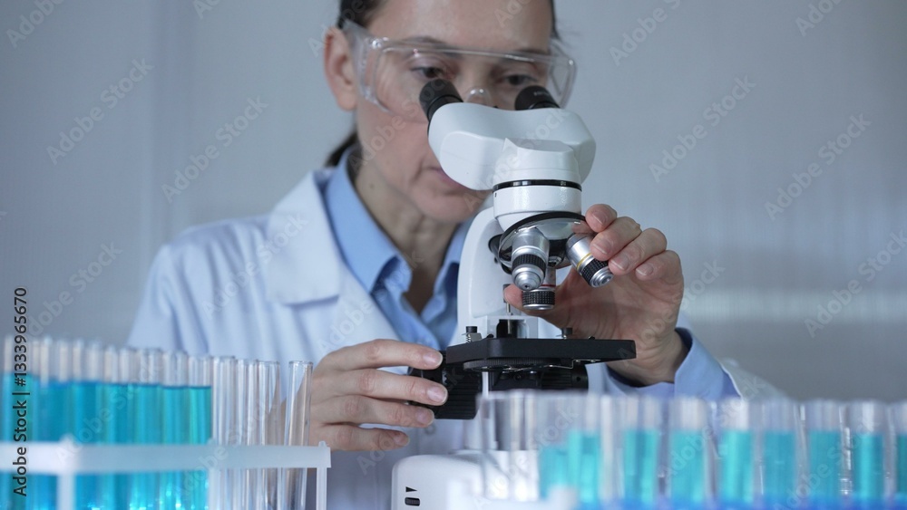 A female scientist, wearing a lab coat and safety glasses, is adjusting a binocular microscope surrounded by test tubes in laboratory setting. Medicine and science