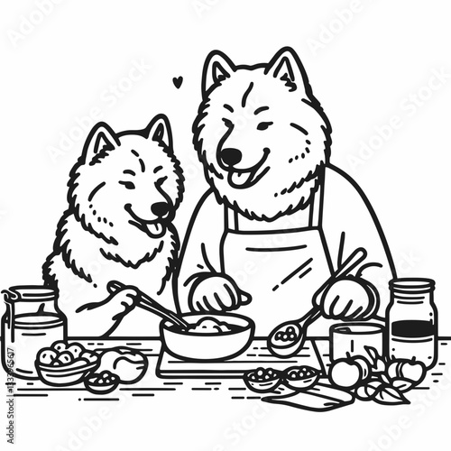 Siberian Husky Couple cooking a festive Christmas dinner together minimalist vector graphic