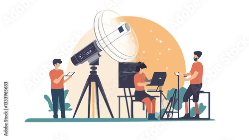 Illustration featuring three scientists working with a large satellite dish and a telescope.  One scientist is using a laptop, another is looking through a telescope, and a third is holding a