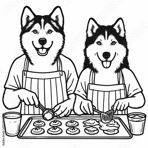 Siberian Husky Couple baking Christmas cookies vector graphic a minimalist monochrome holiday scene