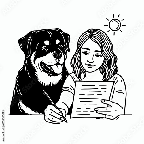 Rottweiler Dog Couple writing a poem together a minimalist monochrome vector illustration for a Christmas holiday card