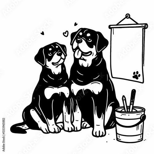 Rottweiler Dog Couple minimalist vector drawing a Christmas holiday bucket list together filled with fun adventures