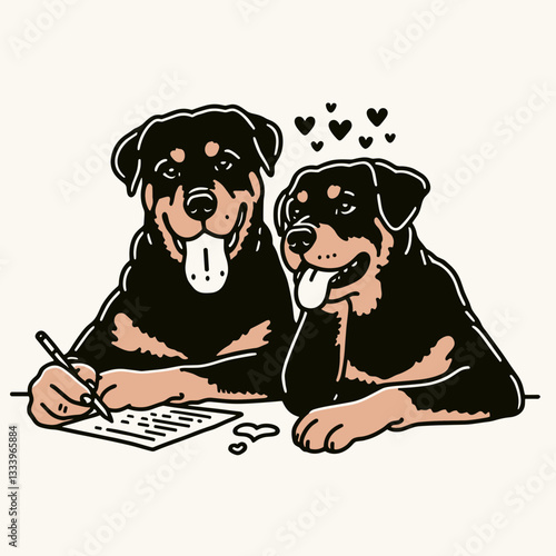 Rottweiler Dog Couple writing a poem together a minimalist vector graphic for a Christmas holiday card