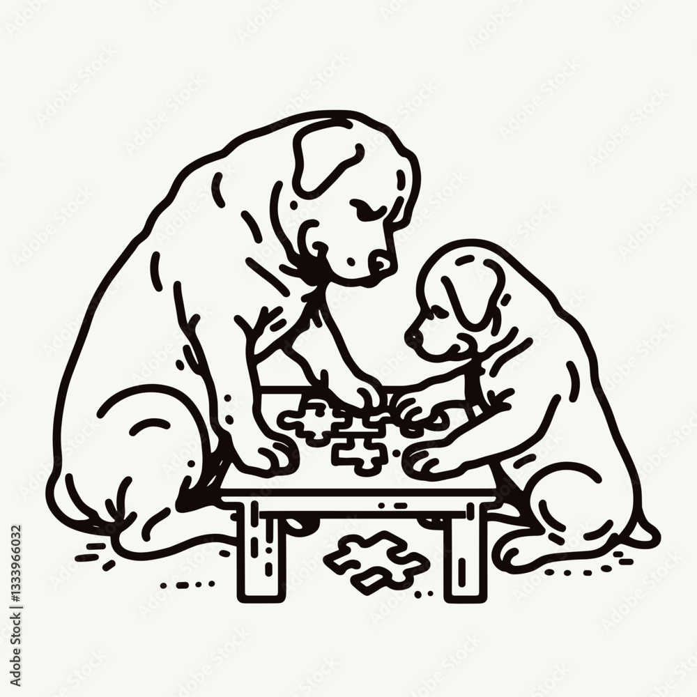 Obraz premium Rottweiler Dog Couple working on a Christmas puzzle vector illustration minimalist style holiday gift