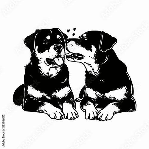 Rottweiler Dog Couple whispering sweet things minimalist vector graphic a Christmas eve love story