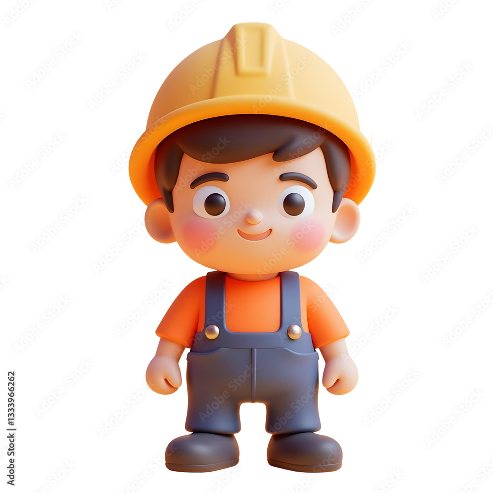 A 7 year old white boy with brown hair and a yellow helmet wearing a blue overall with an orange t-shirt, white background A 7 year old white boy with brown hair and a yellow helmet wearing a blue overall with an orange t-shirt, white background