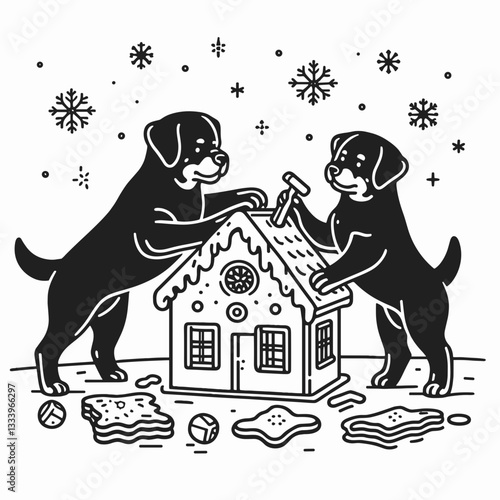 Rottweiler Dog Couple building a gingerbread house minimalist vector graphic for a Christmas holiday card