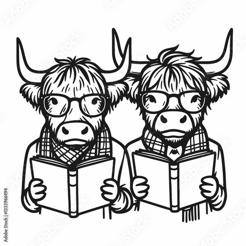 Highland Cow Couple wearing glasses reading a Christmas book minimalist vector graphic
