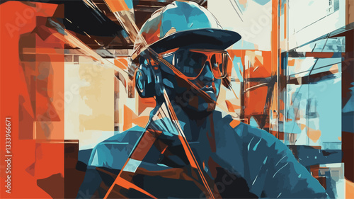 A stylized portrait of an industrial worker. The image is composed primarily of bold blues, oranges, and teals. The subject is a male wearing a hard hat and safety glasses. The style is highly