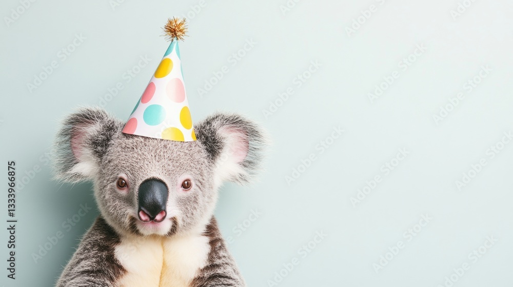 A playful koala dressed in a polka dot party hat is positioned against a pastel backdrop, creating a joyful celebration vibe