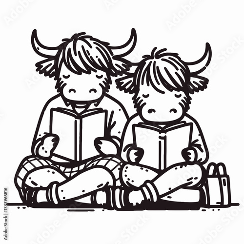 Highland Cow Couple sitting back to back reading a Christmas storybook simple monochrome vector illustration