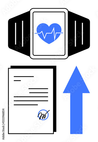 Fitness tracker showing heart rate with document featuring digital signature and upward arrow. Ideal for health monitoring, data exchange, technology, fitness progress, medical forms, digital