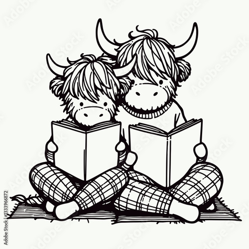 Highland Cow Couple sitting back to back reading a minimalist monochrome Christmas book vector illustration
