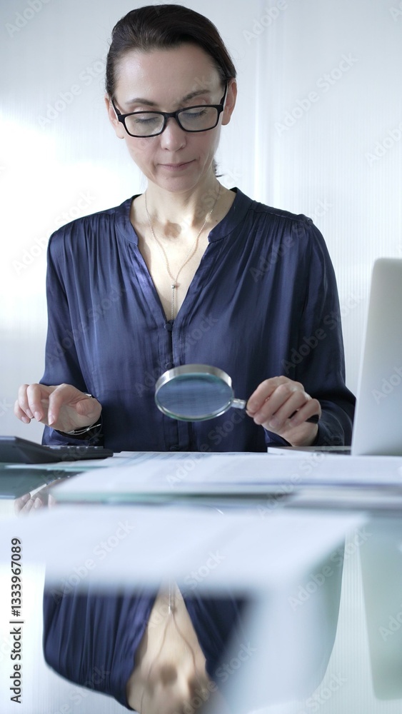 Woman accountant examining financial documents with magnifying glass at glass office desk, conducting thorough analysis of business transactions. Audit and taxes in business