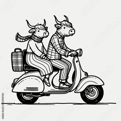 Highland Cow Couple ride retro scooter minimalist vector illustration Christmas holiday scene