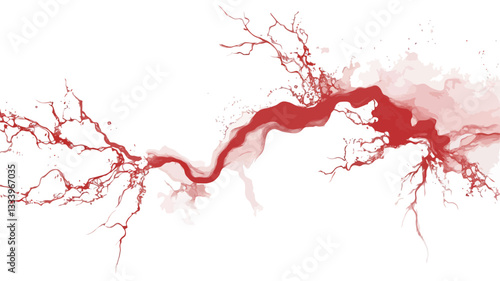 The image presents an abstract depiction of a river network or a vein-like structure.  The dominant color is red, varying in intensity from a deep crimson to pale pink. The lines are organic and