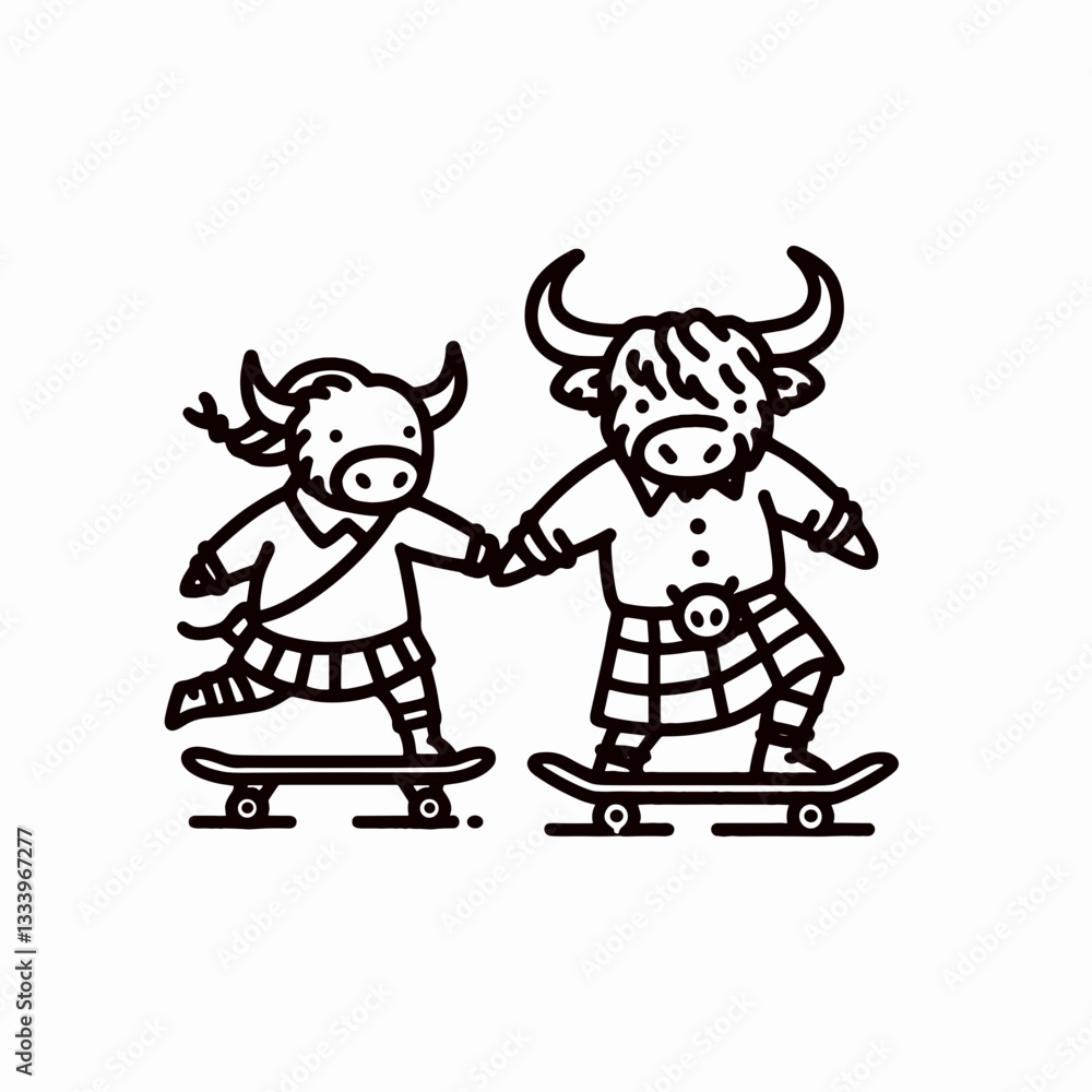 Highland Cow Couple play skateboard minimalist monochrome Christmas holiday graphic drawing a festive winter scene