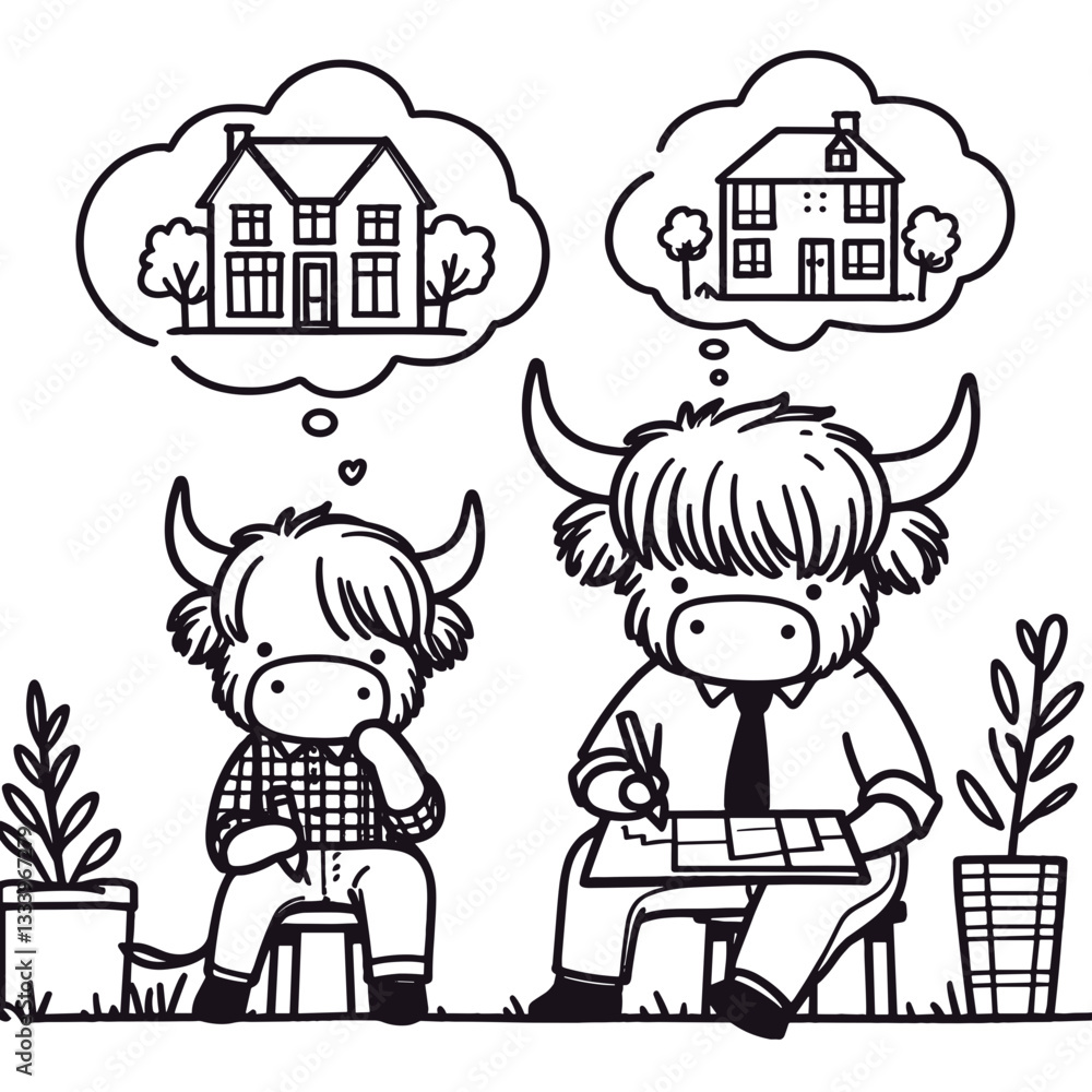 Highland Cow Couple planning their dream house minimalist vector graphic for a festive Christmas holiday home.