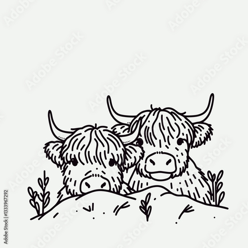 Highland Cow Couple peeking minimalist vector graphic a festive Christmas card design
