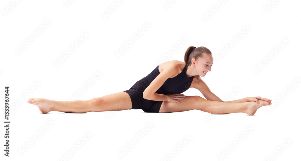 Young woman doing artistic gymnastics training, flexible rhythmic gymnast performing poses and showing skills and talent, sport workout, fitness and Well-Being concept, isolated on white background Young woman doing artistic gymnastics training, flexible rhythmic gymnast performing poses and showing skills and talent, sport workout, fitness and Well-Being concept, isolated on white background