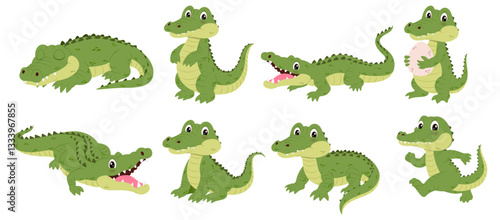 Eight cartoon green crocodiles in various poses, perfect for childrens book illustrations, educational materials, or wildlifethemed designs. Vibrant and playful characters.