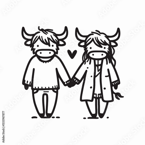 Highland Cow Couple Holding hands minimalist vector graphic showcasing a loving bovine pair