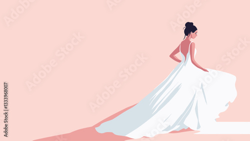A digital illustration depicting a woman in a long, white wedding gown from the back. The style is minimalist with a soft, pastel pink background. The woman's hair is styled in an updo. The dress