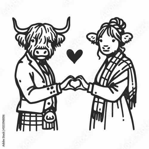 Highland Cow Couple Heart Hands Gesture minimalist vector drawing shows love among Scottish cattle