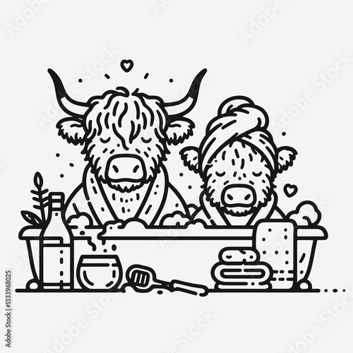Highland Cow Couple Having a spa day minimalist vector drawing shows their relaxing bovine bliss