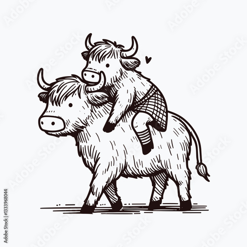 Highland Cow Couple giving a piggyback ride vector silhouette minimalist drawing of a loving bovine pair enjoying a playful moment