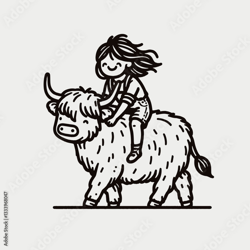 Highland Cow Couple giving a piggyback ride minimalist vector drawing shows a loving bovine pair enjoying a playful moment