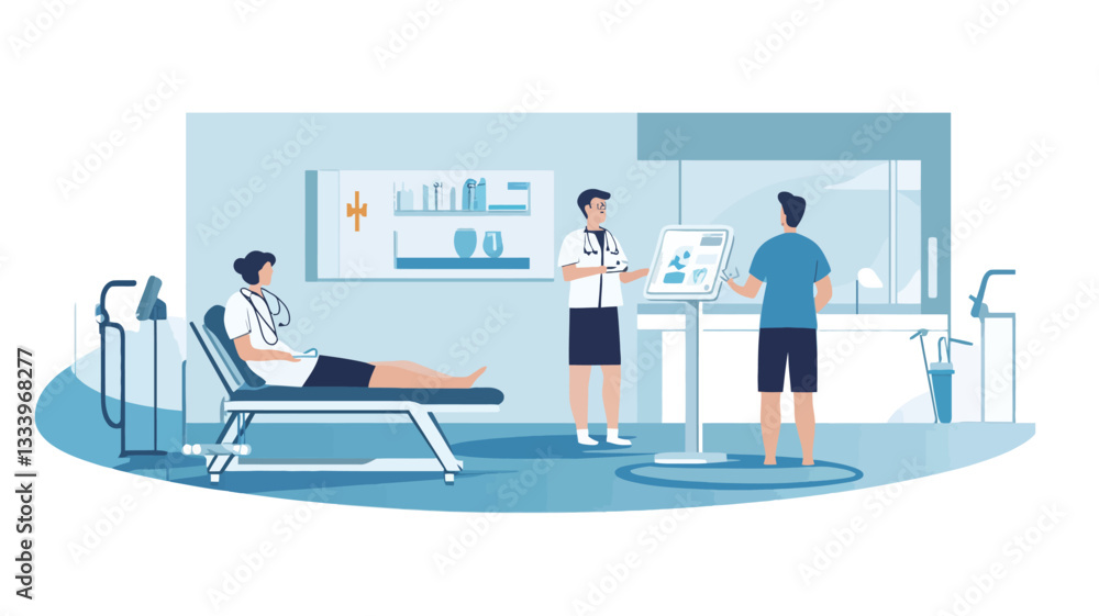 A vector illustration depicting a simplified interior of a medical clinic. The scene features a doctor in a white coat, a female patient reclining on an examination couch, and a male patient A vector illustration depicting a simplified interior of a medical clinic. The scene features a doctor in a white coat, a female patient reclining on an examination couch, and a male patient