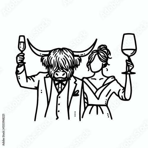 Highland Cow Couple Elegant Wine Toast minimalist vector graphic a romantic sunset toast