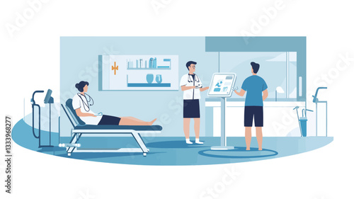 A vector illustration depicting a simplified interior of a medical clinic. The scene features a doctor in a white coat, a female patient reclining on an examination couch, and a male patient