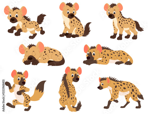 Eight cartoon hyenas in different poses, perfect for children's book illustrations, wildlife themed designs, and playful character creations.